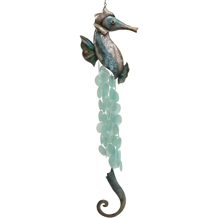 Metal seahorse with teal shells as the chimes.