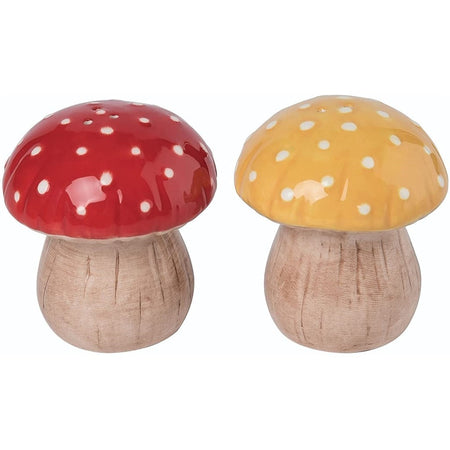 1 red mushroom shaker, 1 yellow mushroom shaker.
