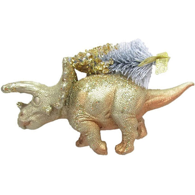 Gold triceratops with a silver tree on its back. 