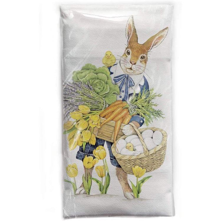 rabbit with flowers & carrots & eggs in a basket