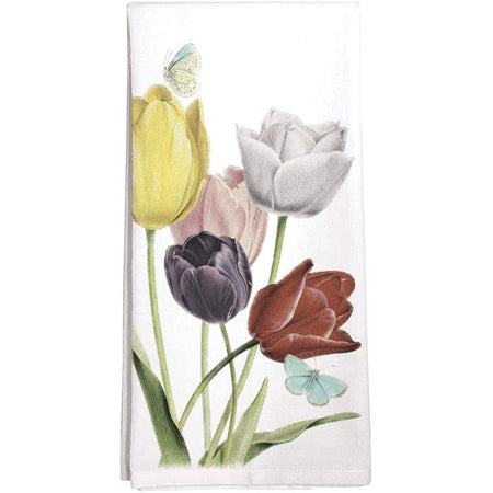 Yellow, white, purple, pink & red tulips with 2 blue butterflies.