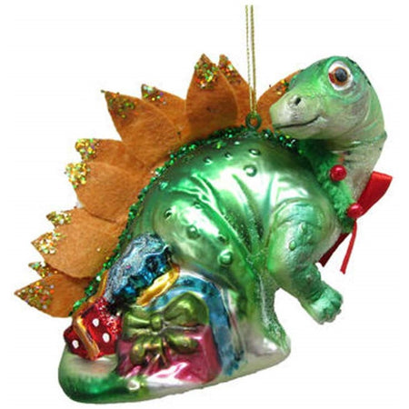 Dinosaur shaped hanging ornament with Christmas gifts and wearing a bow.