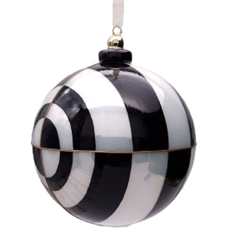 blown glass ball ornament with black and white stripes that create a optical illusion of circles.