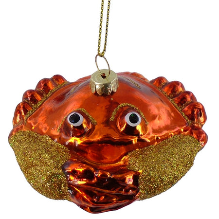 Red crab shaped Christmas ornament with gold glitter accent.