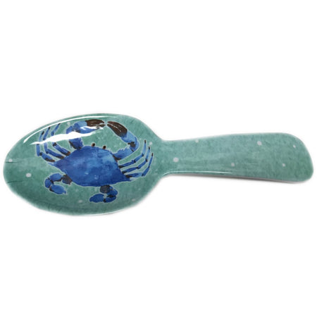 Spoon rest in shades of green with blue crab accent.