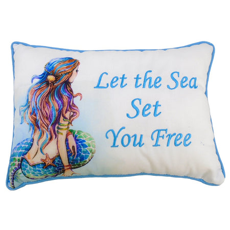 White rectangle pillow with mermaid imprint "Let the Sea Set You Free:".