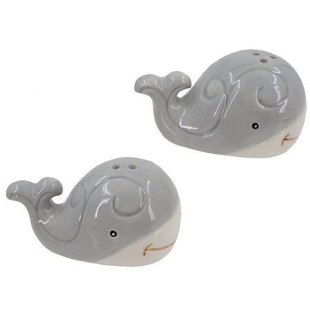 Grey and white whale shaped salt and pepper shakers.