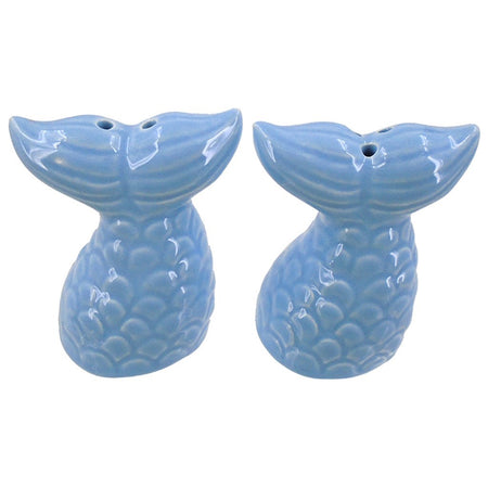 Light blue mermaid tail shaped salt & pepper shakers.