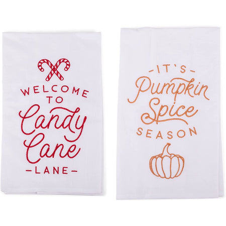 White towels with red or orange embroidered lettering.
