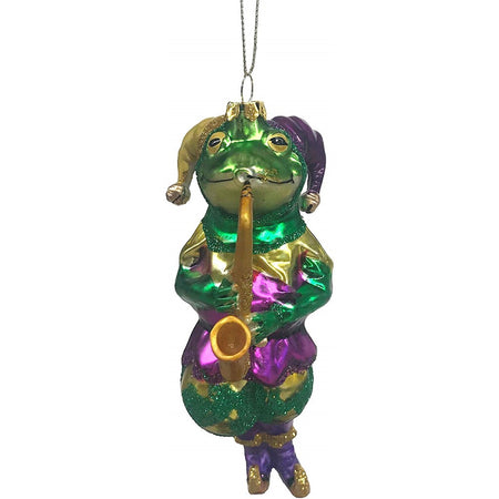 Figurine ornament shaped like an frog blowing a saxophone.  Jester hat.  Purples and greens.