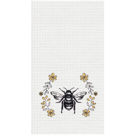 White kitchen towel with bumble bee and floral accent a