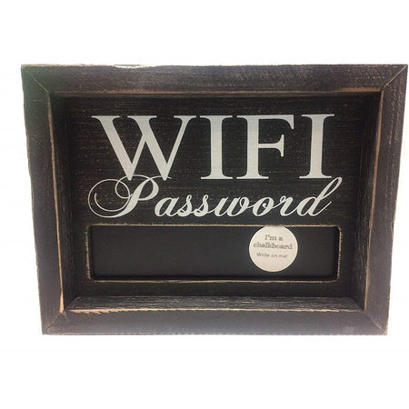 Black wooden sign that says 'WIFI Password' and a chalkboard area to write on it.
