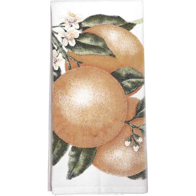 White towel with oranges on a branch. 