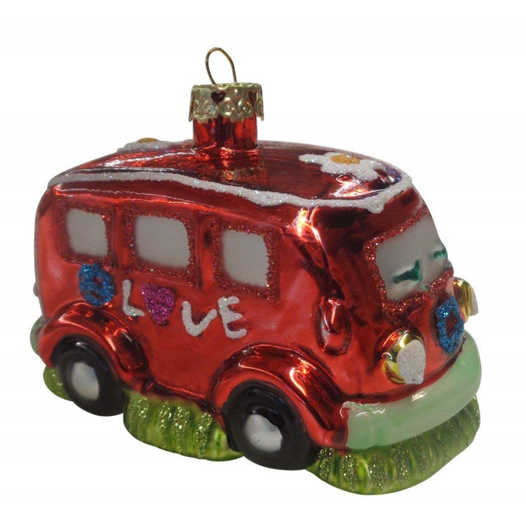 Van shaped Christmas ornament.  Red with glitter accent.  Says Love on side.