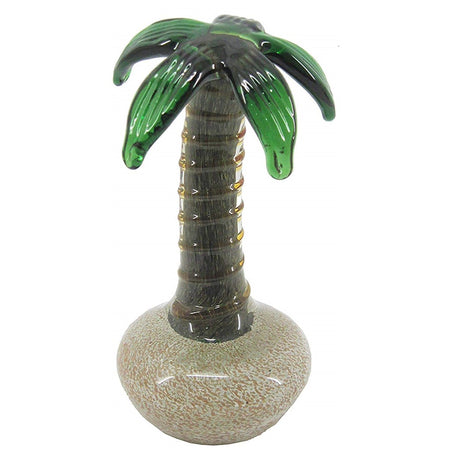 Glass Palm tree with green branches dropping down. Brown trunk is ringed with gold color and base is sandy tan & white mix