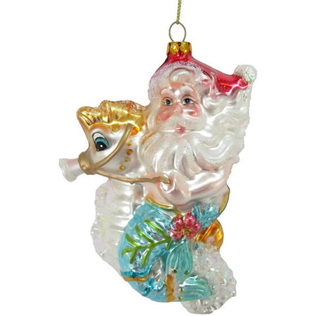 Seahorse with a merman Santa riding on top of it.