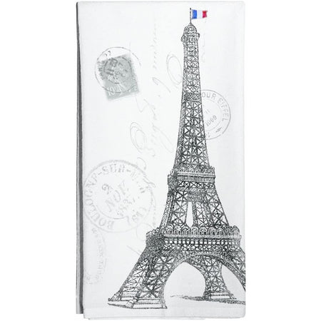 white towel with black eiffel tower and stamp design in background