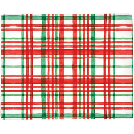 Hardboard placemat in a watercolor style red, green & white plaid.