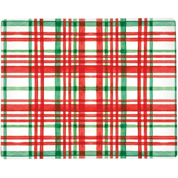 Hardboard placemat in a watercolor style red, green & white plaid.