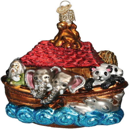 Blown glass noah's ark ornament with glitter accents