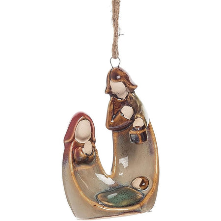 Glazed ceramic ornament in the shape of Mary, Joseph and baby Jesus.