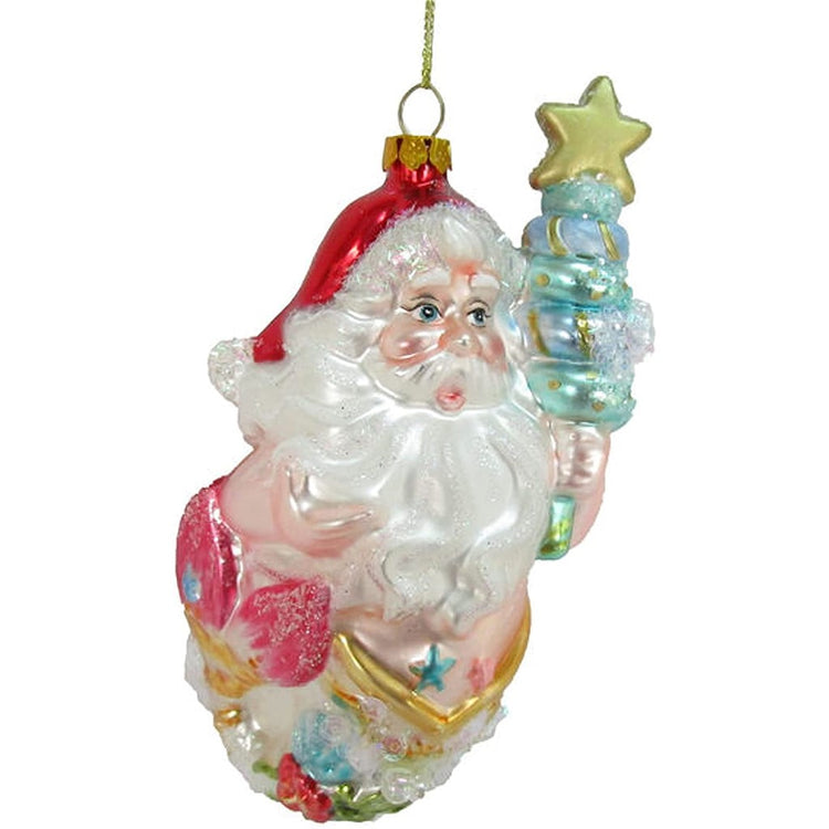 Santa merman holding a tree. Glitter embellishments..