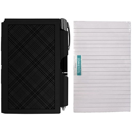 Black notepad with a pattern etched in it.