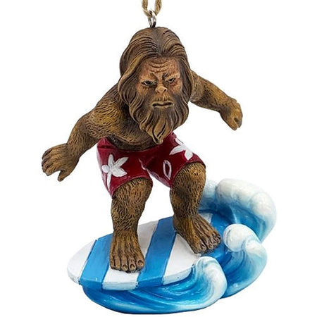 Bigfoot in red swim trunks on a surfboard in a wave.