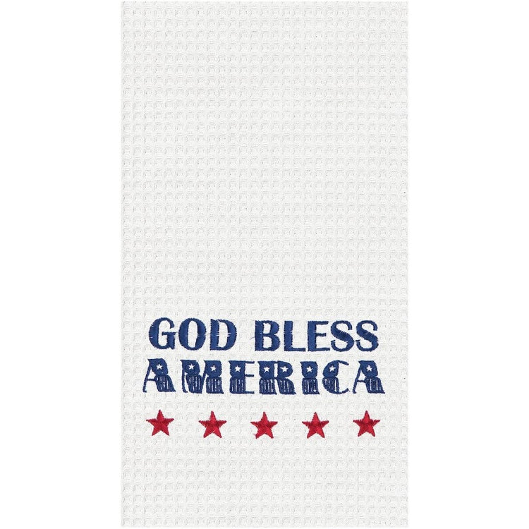 White towel with blue 'God Bless America' and 5 red stars.