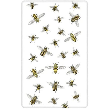 White towel with scattered bumble bees on it.