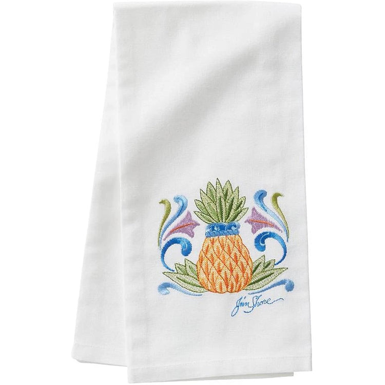 White towel with a pineapple with yellow, purple, blue & green accents.