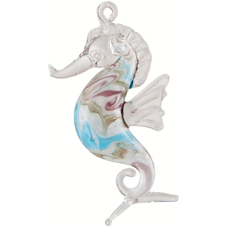 Clear glass seahorse with blue, purple, tan, & glitter swirls inside.