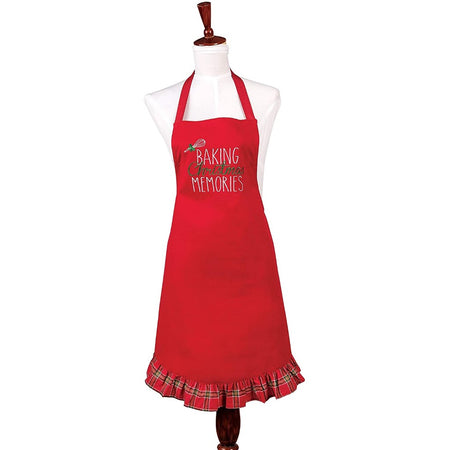 red apron saying 'baking Christmas memories'