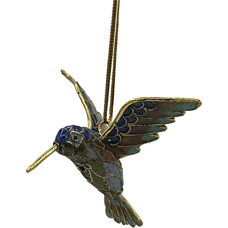 Cloisonné hummingbird ornament with blue, orange and  light blue painted feathers.