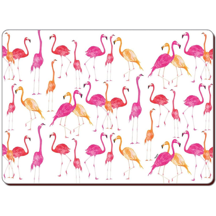 pink, orange & red flamingos scattered on the hardboard