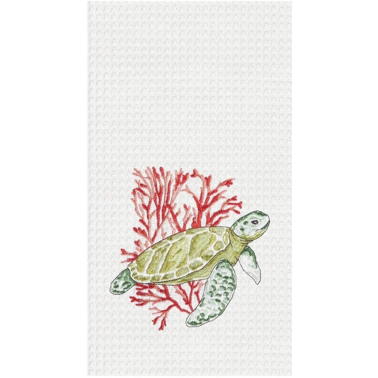 white waffle weave towel with green sea turtle & coral coral