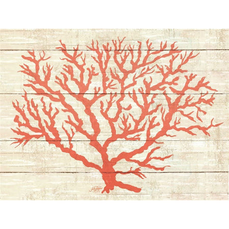 faux wood background with coral colored coral reef in the foreground