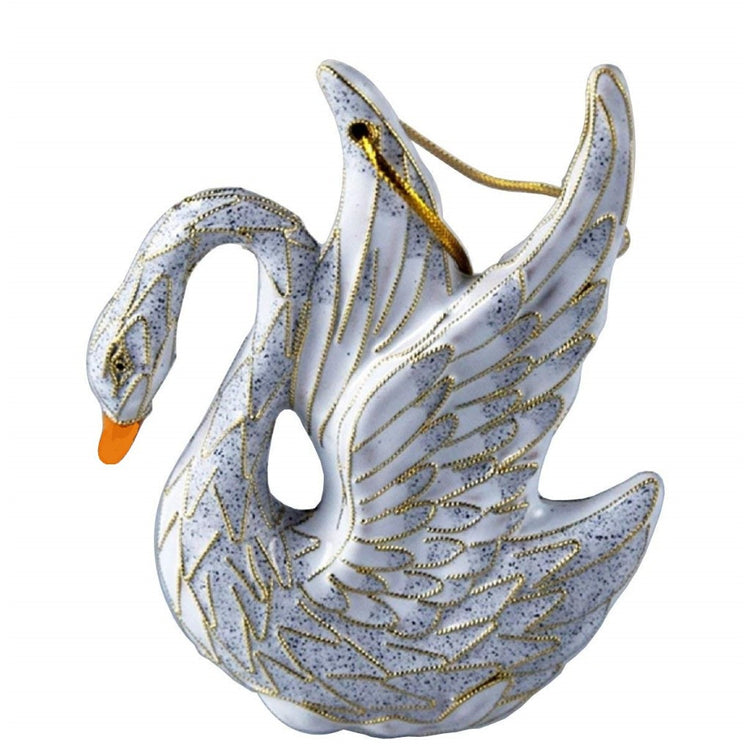 Swan shapped hanging ornament. Swan has wings up. White with grey spotting and metal accent.