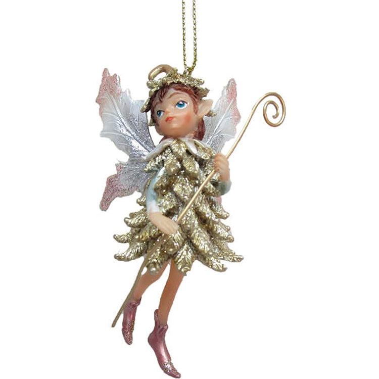 Pinecone fairy with wings, hat & staff.