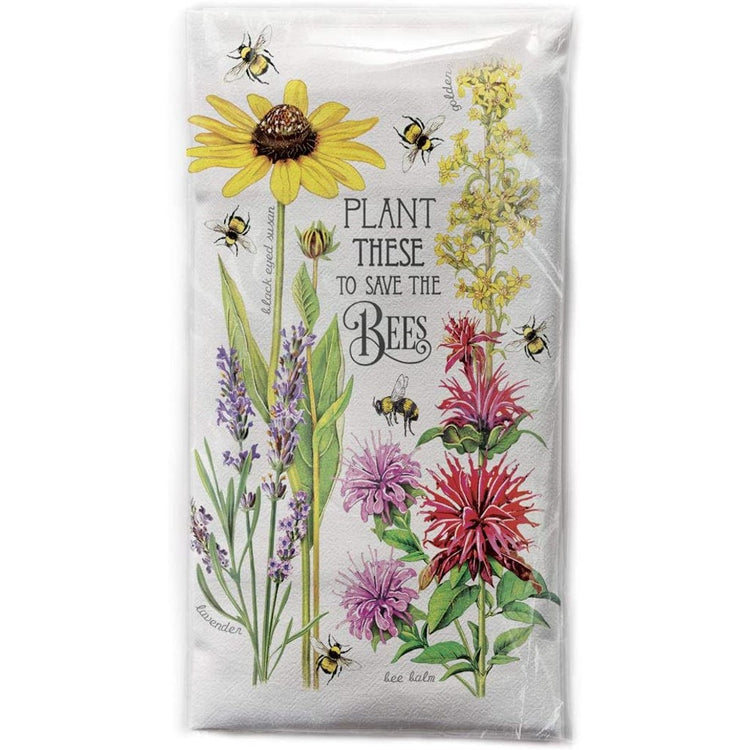 White towel with many flowers, bees & saying "plant these to save the bees"