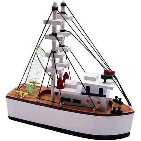 White & natural wooden shrimp boat with mini shrimp boat embellishments.