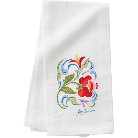 White towel with a red rose & purple, green & blue accents.