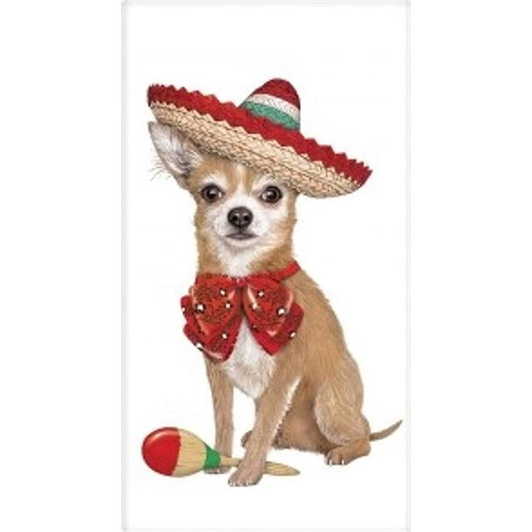 Tan & white Chihuahua wearing a red sombrero. 