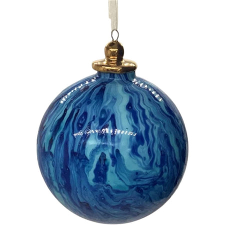 Blown glass ball ornament with a dark and light blue marbled design.