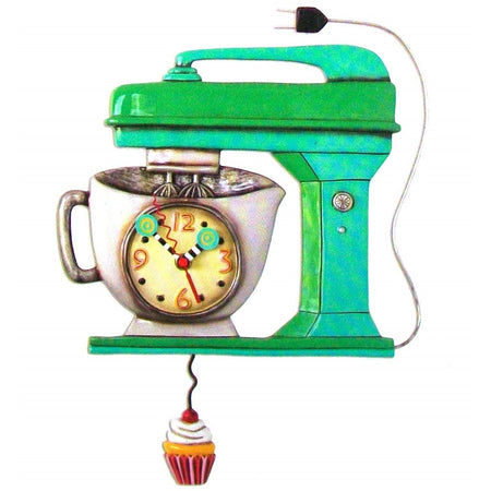 Green mixer shaped wall clock with cupcake pendulum.