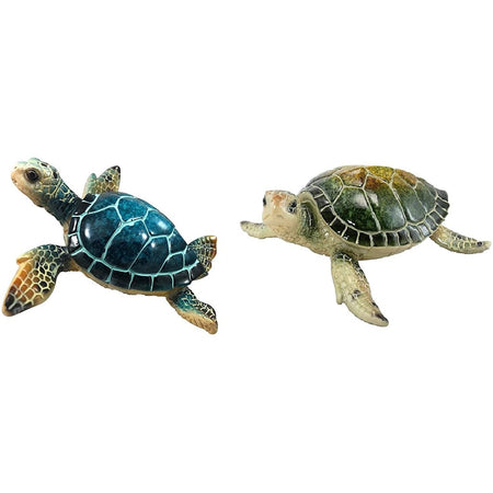 1 blue and 1 green sea turtle figurines. 