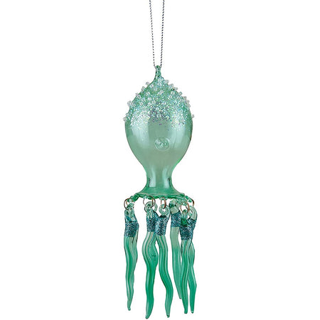 Blown glass jellyfish hanging ornament with dangling tentacles. The ornament is seafoam green with blue and white glitter accents.