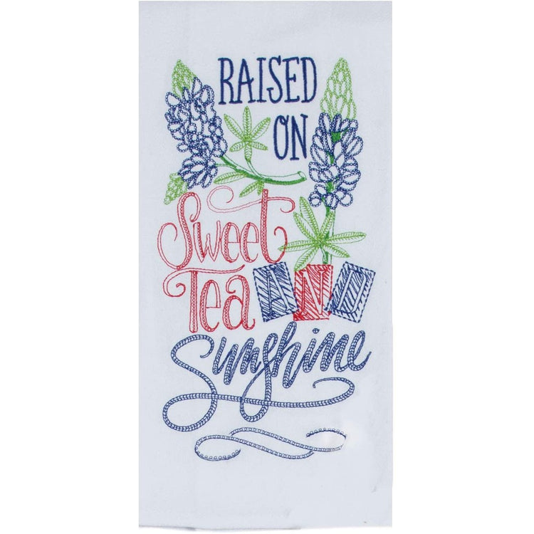 White towel that says "raised on sweet tea & sunshine"