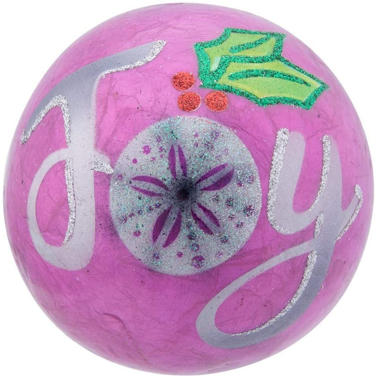 Pink capiz ball spells out JOY in silver color with a sand dollar center