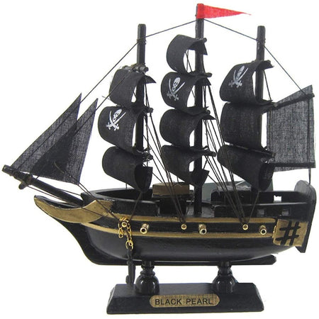 Model black pirate ship with tag "BLACK PEARL".
